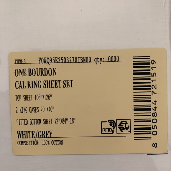 FRETTE ONE BOURDON CAL KING 4 PIECE SHEET SET PERCALE WHITE/GREY - Picture 4 of 4